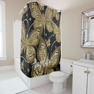 trendy Black and Gold Butterfly Personalized Name Shower Curtain