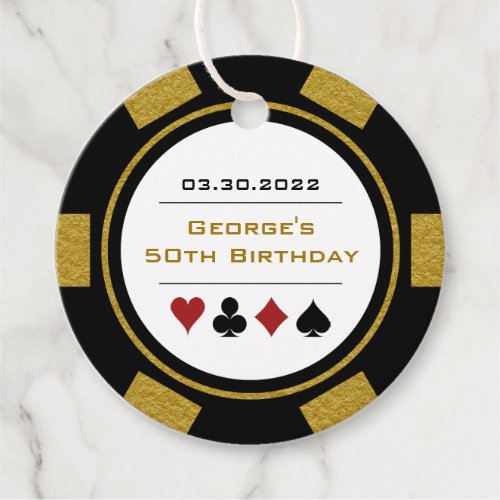 Trendy Black and Gold Casino Poker Chip Birthday Favor Tags