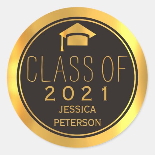 Trendy black and gold Class of 2016 graduation cap Classic Round Sticker