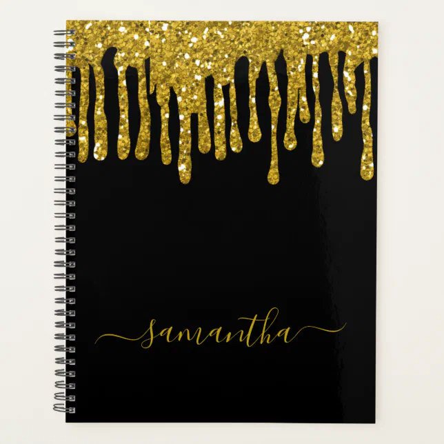 Trendy Black And Gold Glitter Drips Custom Name Planner | Zazzle