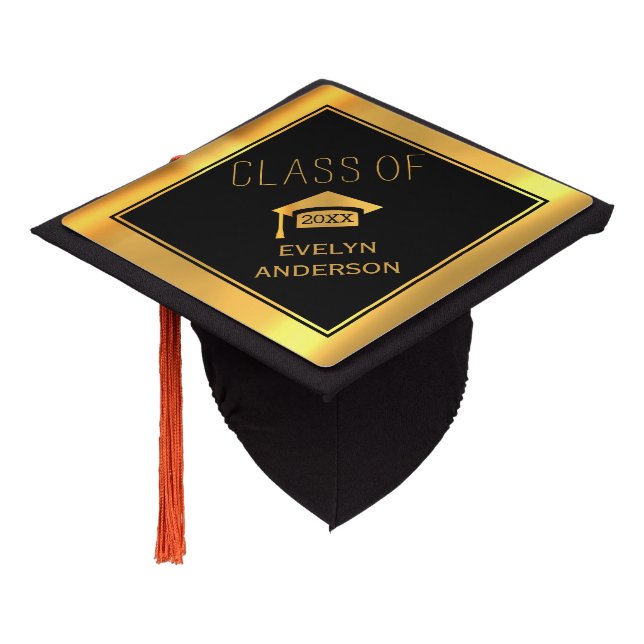 Trendy black and gold graduation Class of 2026 Cap Topper (Angled)