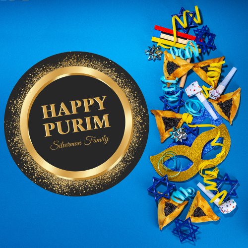 Trendy Black and Gold Jewish Holiday Happy Purim   Classic Round Sticker