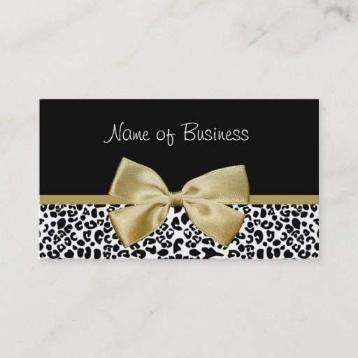 Customizable Trendy Black And Gold Leopard Print Gold Ribbon Business Card Template