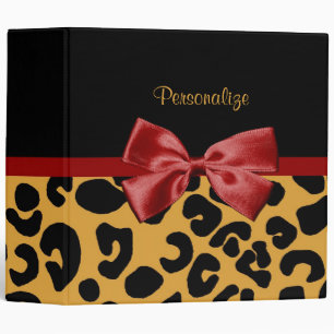 Trendy Black and Gold Leopard Print Red Ribbon Bow Binder