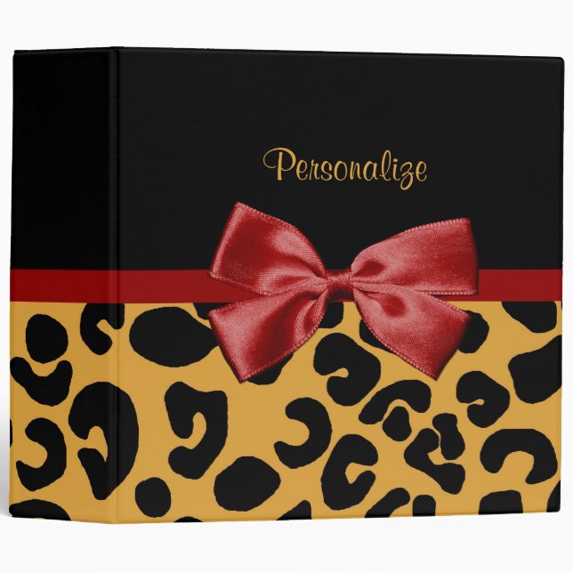 Trendy Black and Gold Leopard Print Red Ribbon Bow Binder (Front/Spine)