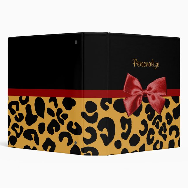 Trendy Black and Gold Leopard Print Red Ribbon Bow Binder (Background)