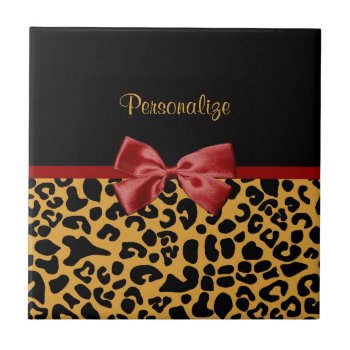 Trendy Black And Gold Leopard Print Red Ribbon Bow Ceramic Tile by PhotographyTKDesigns at Zazzle