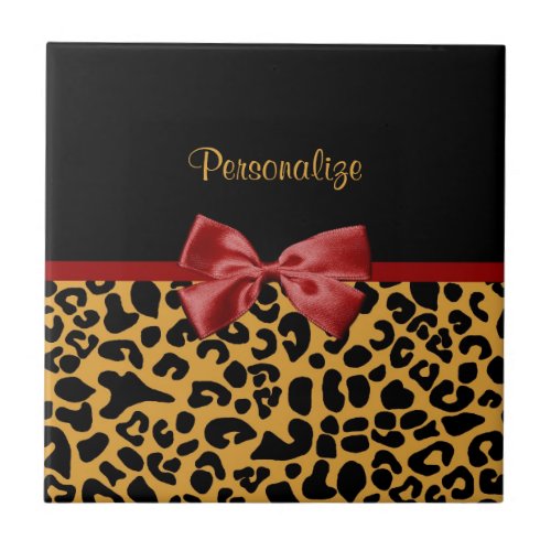 Trendy Black and Gold Leopard Print Red Ribbon Bow Ceramic Tile