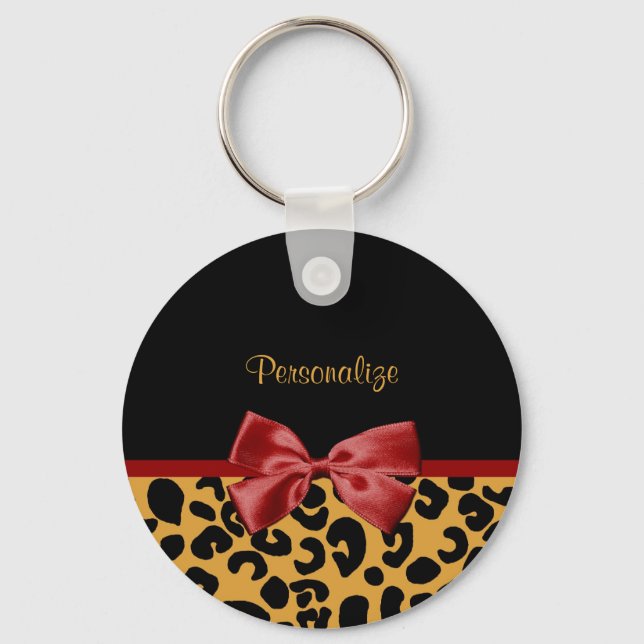 Trendy Black and Gold Leopard Print Red Ribbon Bow Keychain (Front)