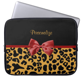 Trendy Black and Gold Leopard Print Red Ribbon Bow Laptop Sleeve