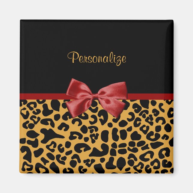 Trendy Black and Gold Leopard Print Red Ribbon Bow Magnet (Front)