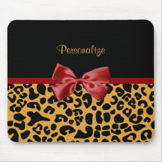 Trendy Black and Gold Leopard Print Red Ribbon Bow Mouse Pad
