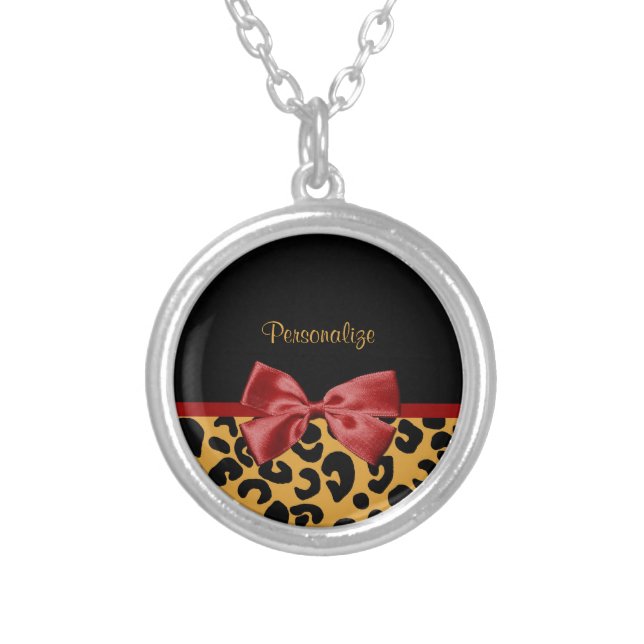 Trendy Black and Gold Leopard Print Red Ribbon Bow Silver Plated Necklace (Front)