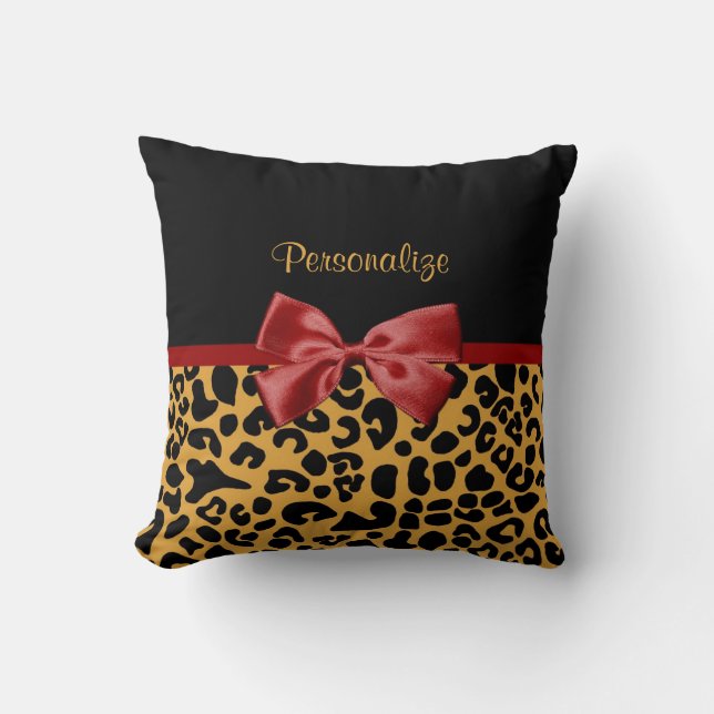 Trendy Black and Gold Leopard Print Red Ribbon Bow Throw Pillow (Front)