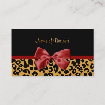 Trendy Black And Gold Leopard Print Red Ribbon Business Card by PhotographyTKDesigns at Zazzle