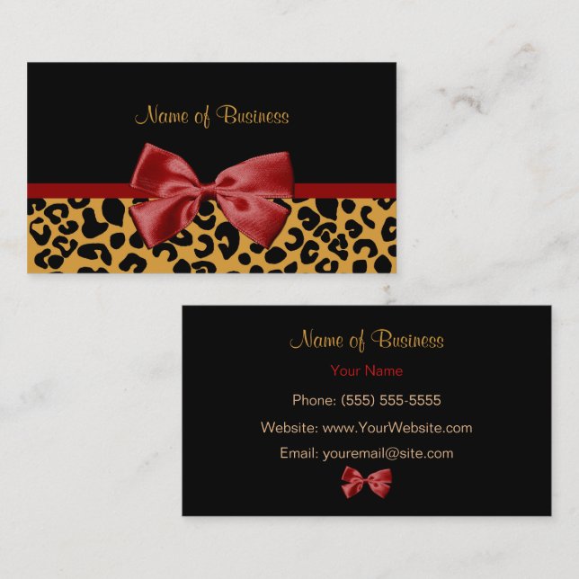 Trendy Black And Gold Leopard Print Red Ribbon Business Card (Front/Back)