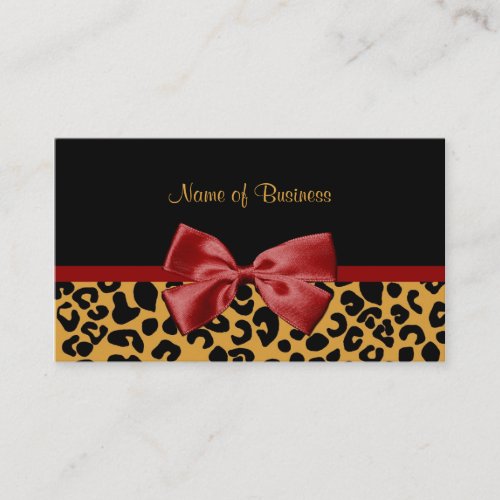Trendy Black And Gold Leopard Print Red Ribbon Business Card Templates