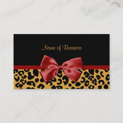 Customizable Trendy Black And Gold Leopard Print Red Ribbon Business Card Templates