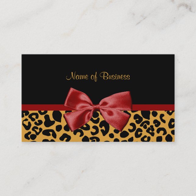 Trendy Black And Gold Leopard Print Red Ribbon Business Card (Front)