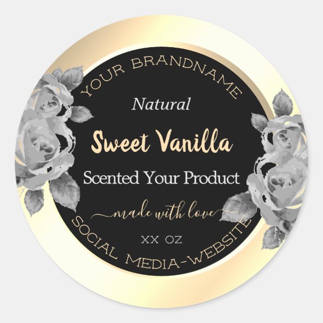 Trendy Black and Gold Product Labels Gray Flowers (Front)