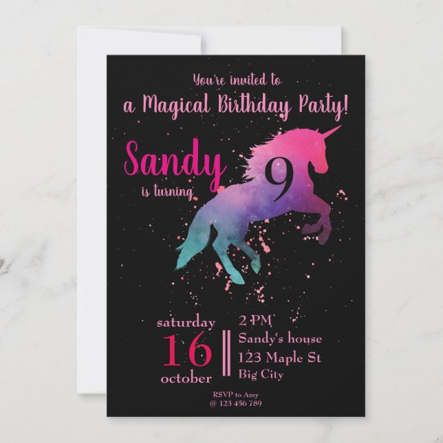 Trendy black and pink Magical Unicorn Birthday Invitation (Front)