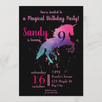 Trendy Black And Pink Magical Unicorn Birthday Invitation by VBleshka at Zazzle
