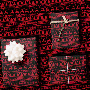 Trendy Black and Red Nordic Ugly Sweater Christmas Wrapping Paper Sheets