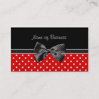 Trendy Black And Red Polka Dots With Ribbon Business Card by PhotographyTKDesigns at Zazzle