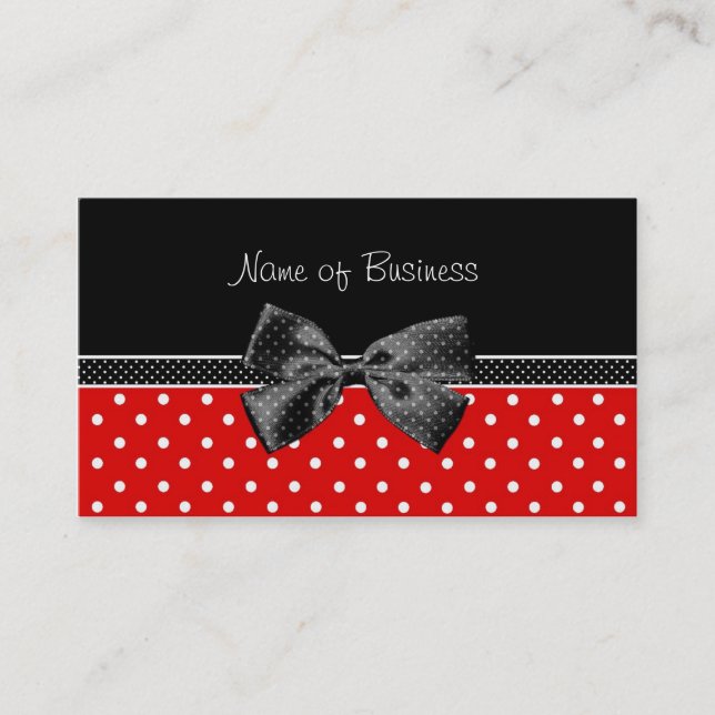 Trendy Black And Red Polka Dots With Ribbon Business Card (Front)
