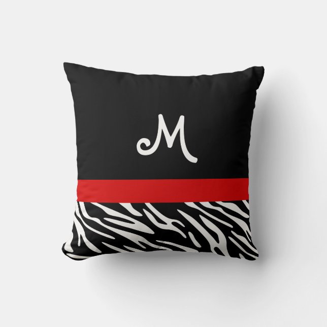 Trendy Black and Red Zebra Stripe Monogram Pillows (Front)