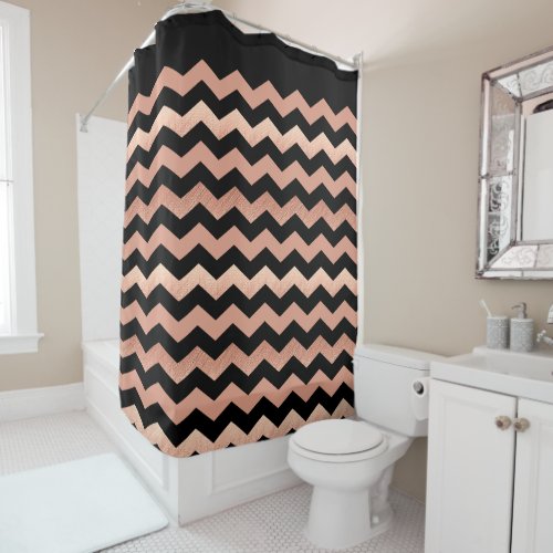 Trendy Black and Rose Gold Chevron Pattern Shower Curtain