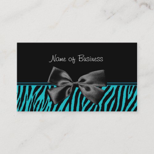 Trendy Black And Teal Zebra Print With Ribbon Business Card Templates