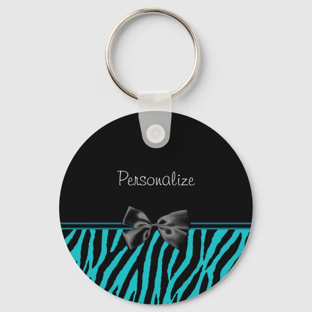 Trendy Black And Teal Zebra Print With Ribbon Keychain (Front)