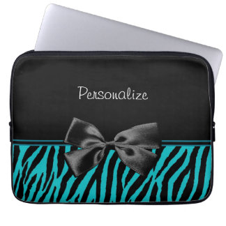Trendy Black And Teal Zebra Print With Ribbon Laptop Sleeve