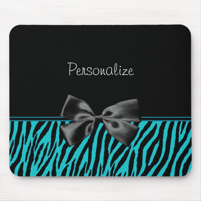 Trendy Black And Teal Zebra Print With Ribbon Mouse Pad (Front)