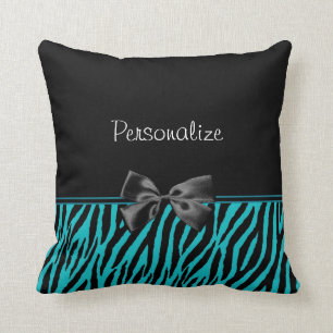 Trendy Black And Teal Zebra Print With Ribbon Throw Pillow