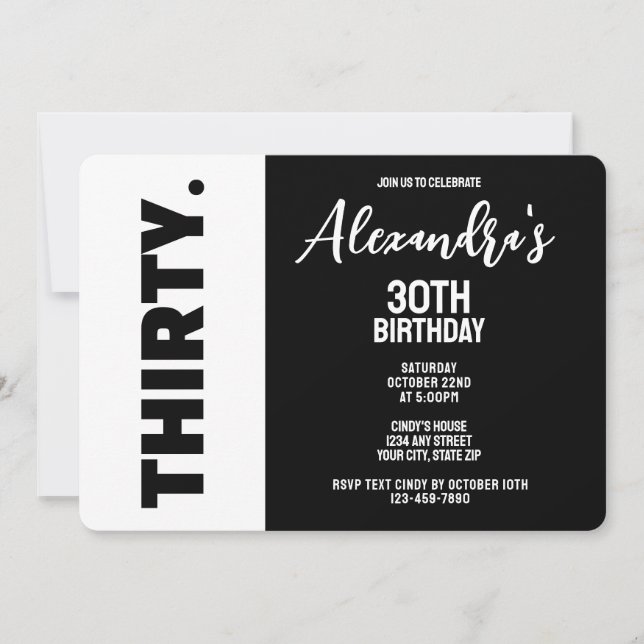Trendy Black And White Bold 30th Birthday Party Invitation (Front)
