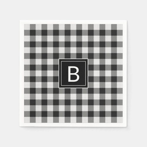 Trendy Black and White Buffalo Plaid Monogrammed Napkins