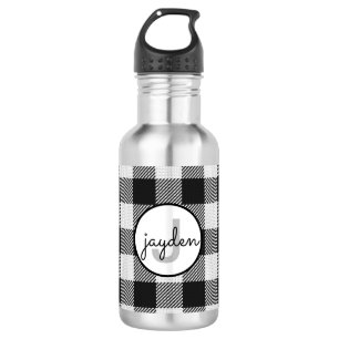 Trendy Black and White Buffalo Plaid Monogrammed Stainless Steel Water Bottle