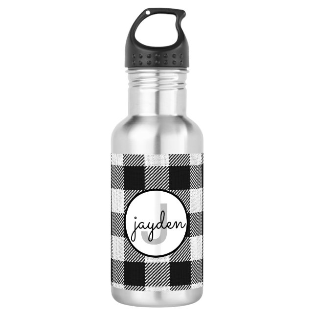 Trendy Black and White Buffalo Plaid Monogrammed Stainless Steel Water Bottle (Front)