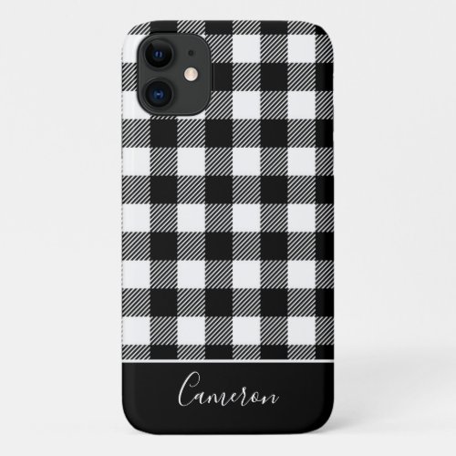 Trendy Black and White Buffalo Plaid Personalized iPhone 11 Case