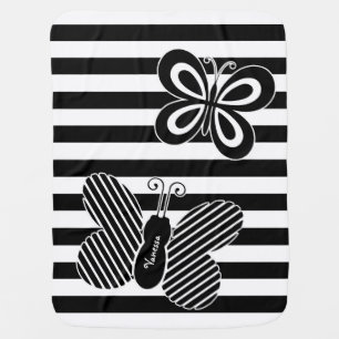 Trendy Black and White Butterfly Stripes With Name Baby Blanket
