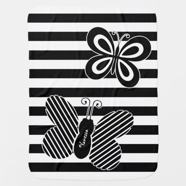 Trendy Black and White Butterfly Stripes With Name Baby Blanket (Front)