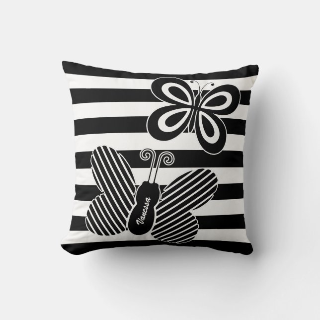 Trendy Black and White Butterfly Stripes With Name Throw Pillow (Front)