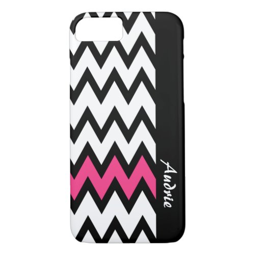 Trendy Black and White Chevron Pink With Name iPhone 87 Case