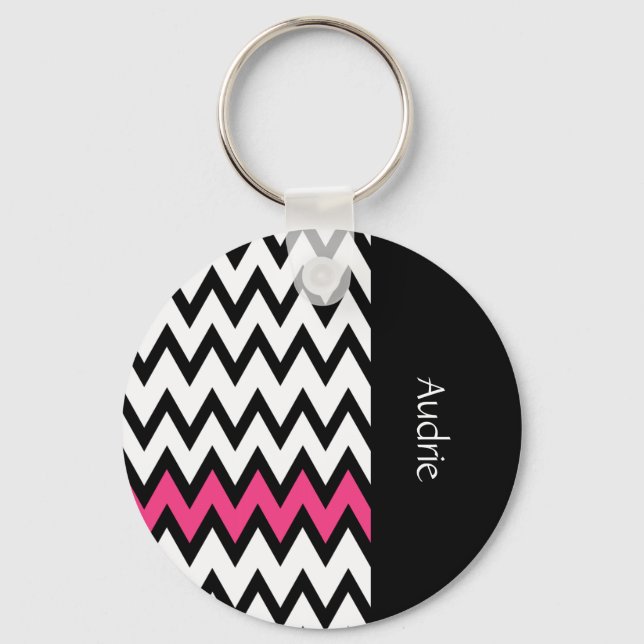 Trendy Black and White Chevron Pink With Name Keychain (Front)