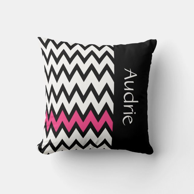 Trendy Black and White Chevron Pink With Name Throw Pillow (Front)