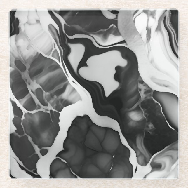 Trendy Black and white faux marble Glass Coaster (Front)