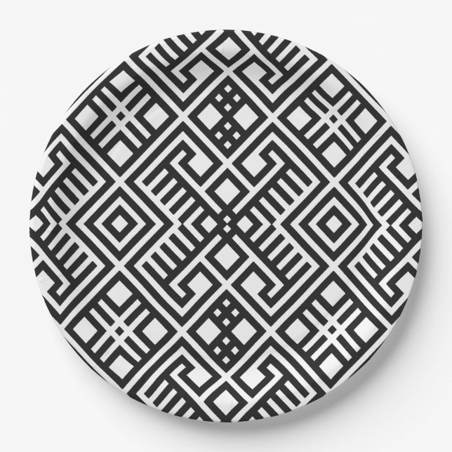 Trendy Black and White Geometric Pattern Paper Plates (Front)