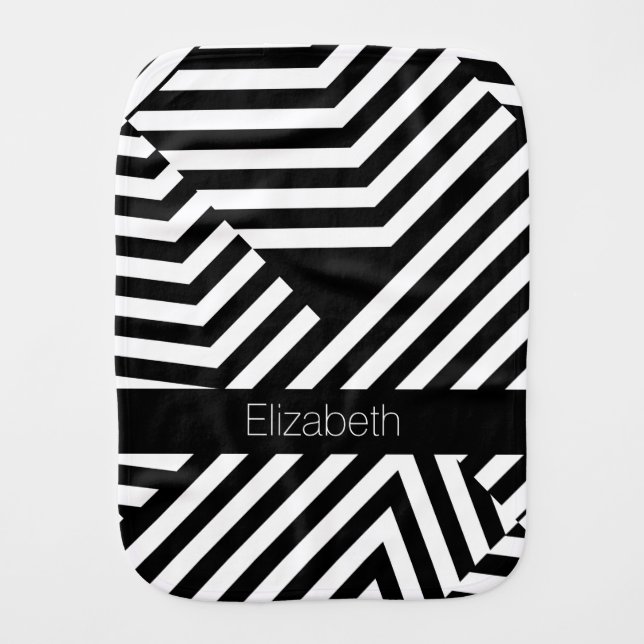 Trendy Black and White Geometric Stripes Baby Name Burp Cloth (Front)